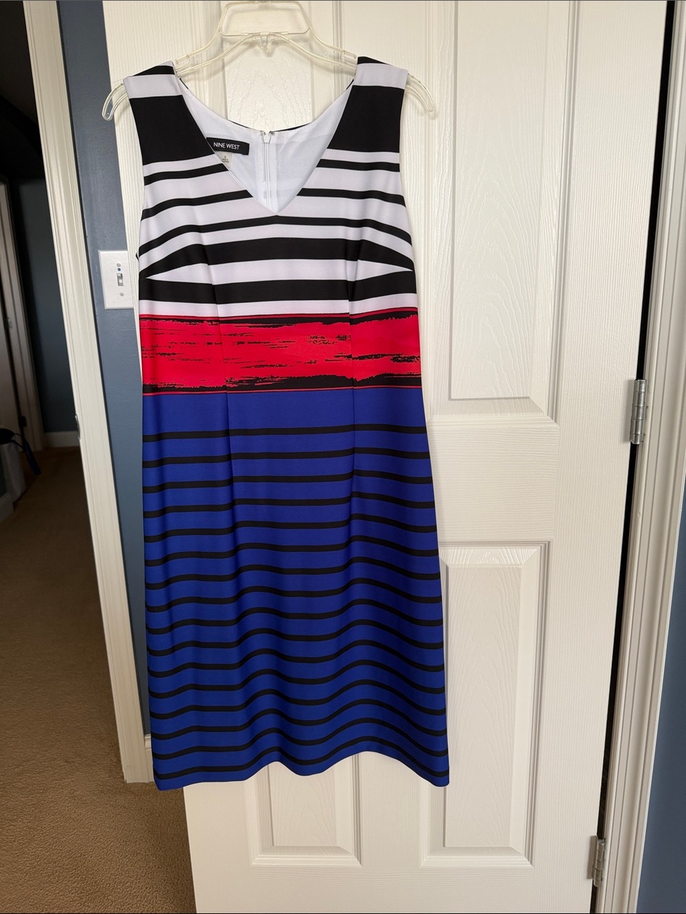 Nine West Black, White, Red and Blue Striped Colorblock Sheath Dress
